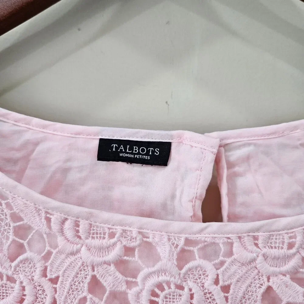 Talbots Womens Lace Shirt Petite Bubblegum Pink 3/4 Sleeves Regency Royalcore